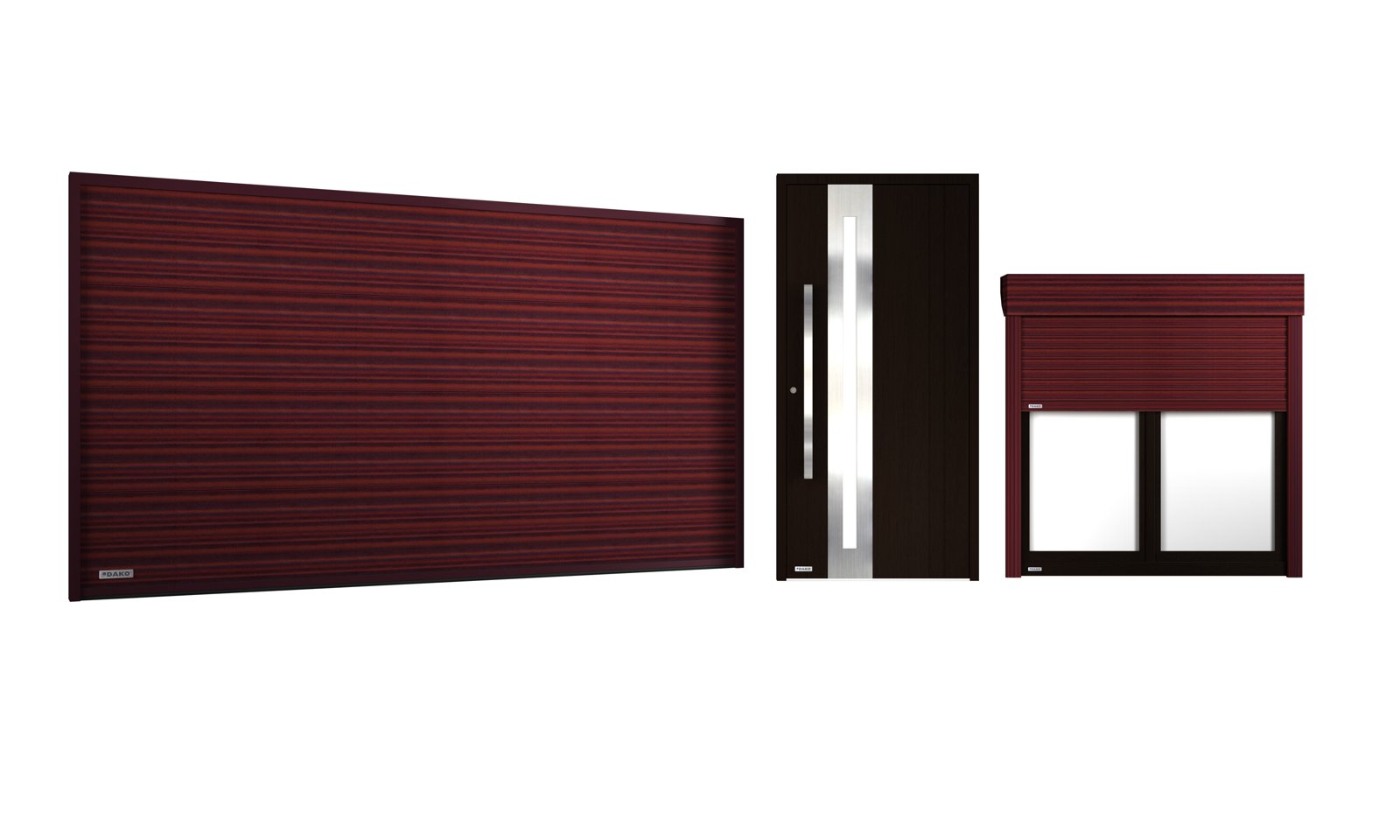 Niceta set: mahogany garage door, dark front door and shutter window