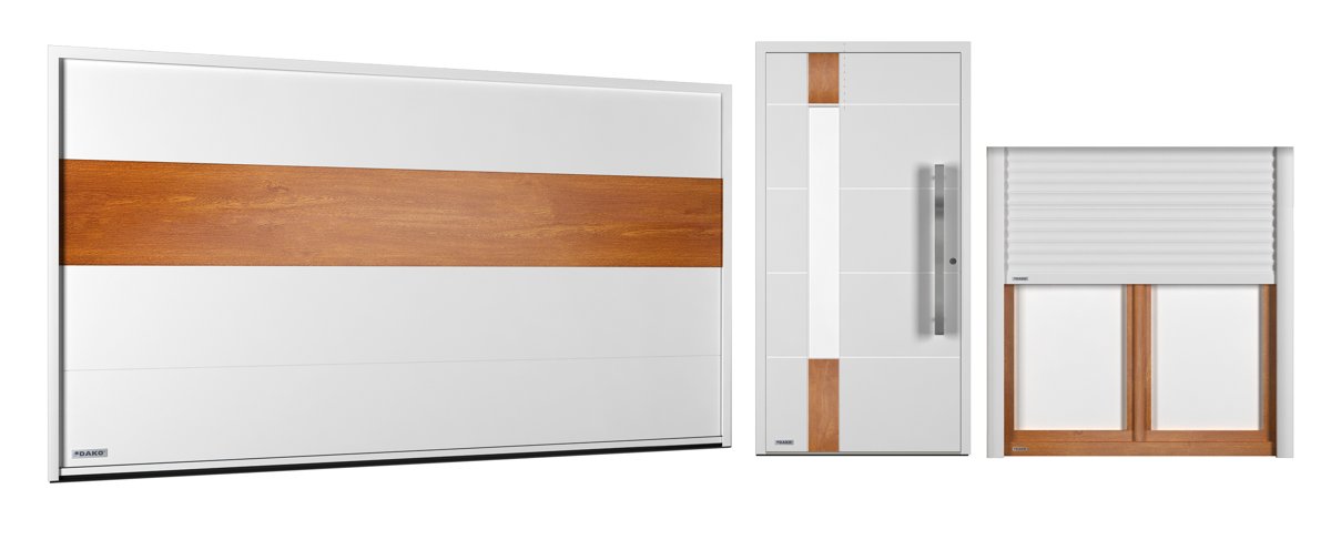 Nila set: white and timber garage door, front door and shutter window