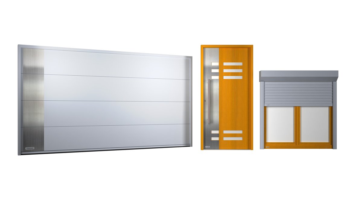 Tulia set: grey garage door, orange front door and shutter window
